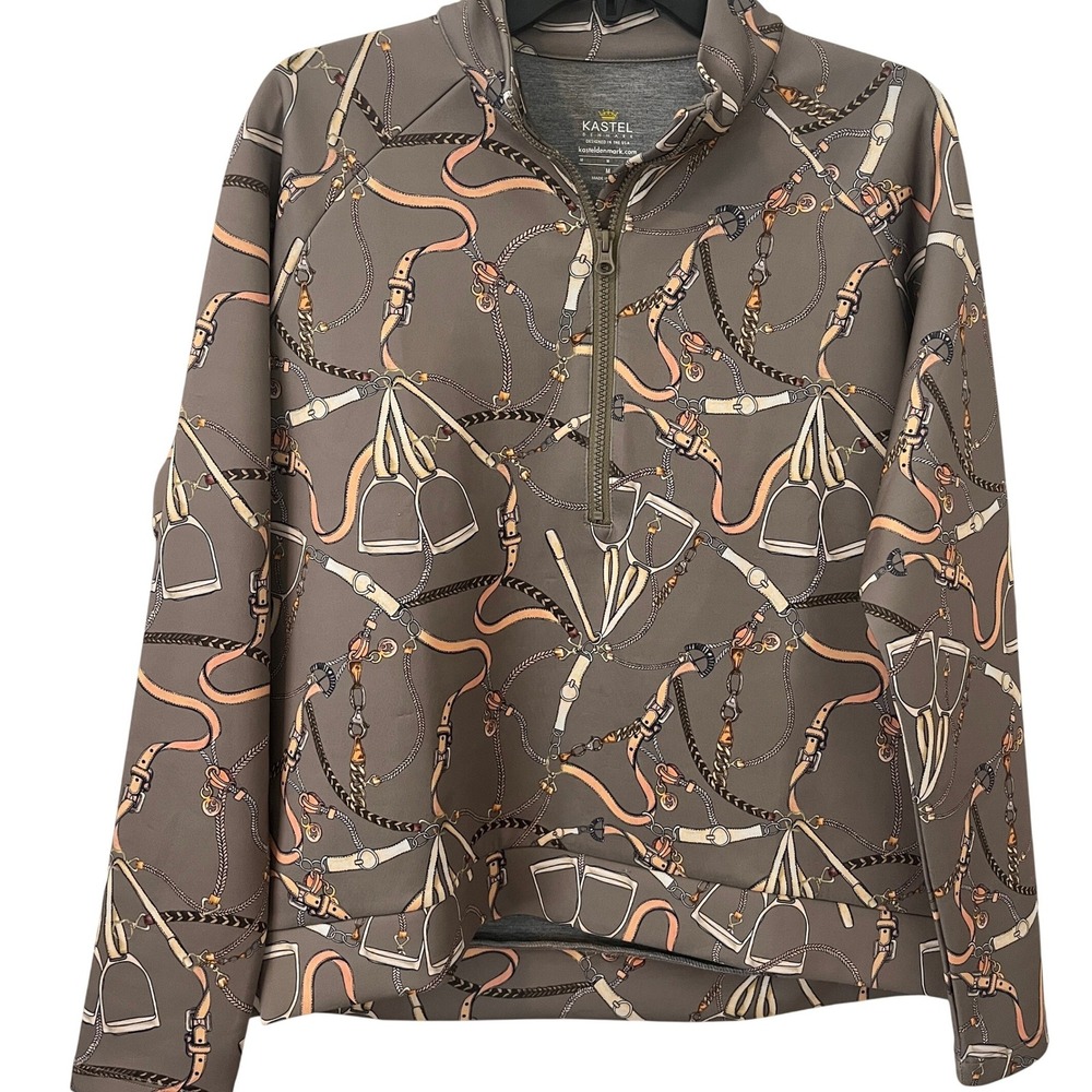 Kastel Denmark Women Equestrian Print Long Sleeve Scuba Pullover 1/2 Zip Medium